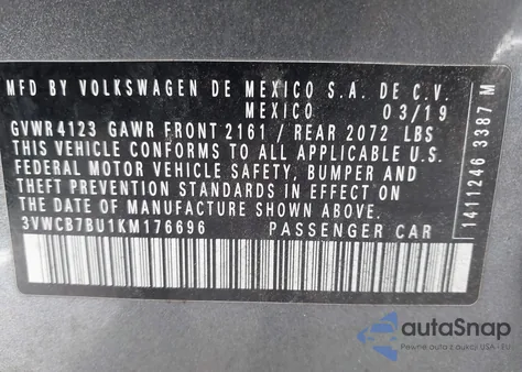 2019 Volkswagen Jetta 1.4T R-Line/1.4T S/1.4T Se из США, поврежденный, VIN 3VWCB7BU1KM176696